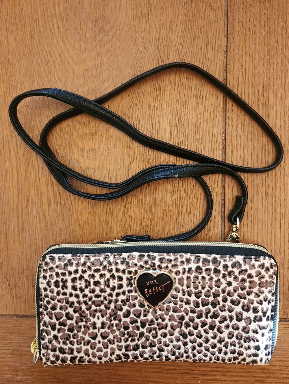 Betsey Johnson Leopard Print Crossbody Wallet with Black Strap